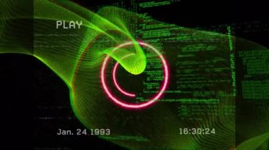 Animation of video tape, neon waves and circle over data processing on black background. Data processing, network and technology concept digitally generated video.