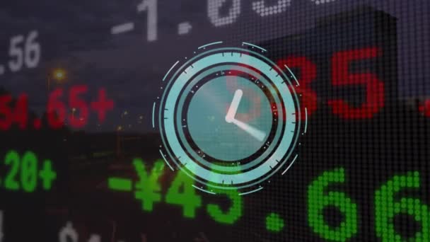 Animation Clock Financial Data Processing Cityscape Global Business Finance Data — Vídeo de stock