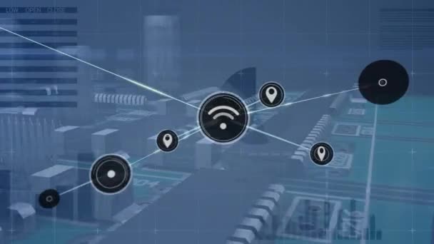 Animation Wireless Network Map Pin Icons Connecting Manufacturing Industry Digital — Wideo stockowe