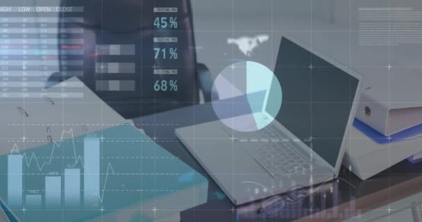 Animation Statistics Financial Data Processing Laptop Desk Office Global Business — Vídeos de Stock