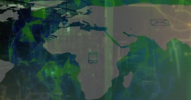 Animation of globe, world map and connections over servers. Global network, connections, communication and technology concept digitally generated video.