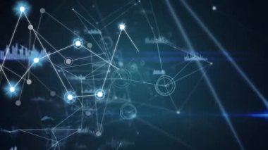 Animation of network of connections with glowing spots and data processing on black background. Global technology, computing and digital interface concept digitally generated video.