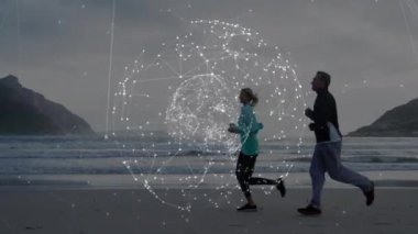 Kafkasyalı yaşlı bir çiftin denizde koşması sonucu oluşan dünya ve bağlantıların animasyonu. Spor, sağlıklı, aktif yaşam tarzı, bağlantılar ve teknoloji konsepti dijital olarak oluşturulmuş video.