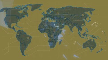 Animation of world map with data processing on brown background. Global science, connections, data processing and digital interface concept digitally generated video.