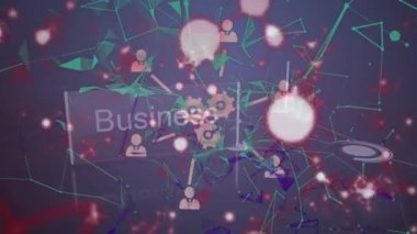 Animation of molecules, business text and network of connections with icons. global networking, connections and digital interface concept digitally generated video.