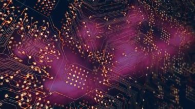 Animation of processor socket over dark background. Global connections, data processing and digital interface concept digitally generated video.