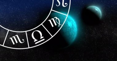 Animation of green planets and zodiac in black space. Planets, astrology, cosmos and universe concept digitally generated video.
