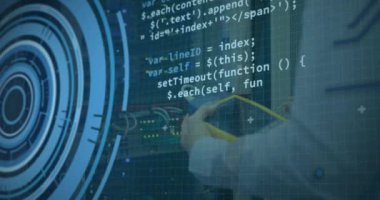 Animation of data processing over caucasian server room worker. Global science, connections, data processing and digital interface concept digitally generated video.