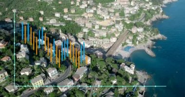 Animation of graphs over cityscape. Global network, connections, communication, data processing, finance and technology concept digitally generated video.