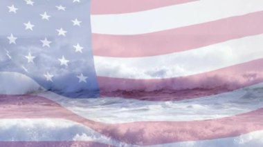 Composite video of waving american flag against waves in the sea. National tourism and travel concept