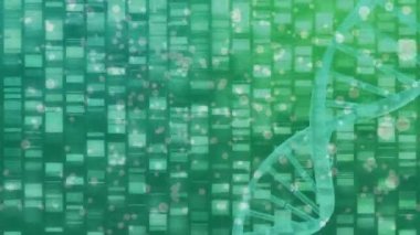 Animation of network of connections with icons and dna strand on green background. Global connections, computing and digital interface concept digitally generated video.