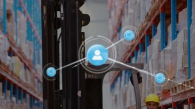Animation of networks of connection with people icons over caucasian man working in warehouse. Global shipping, business, connections, networks and data processing concept digitally generated video.
