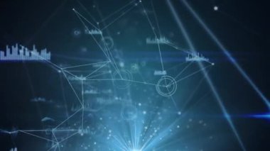 Animation of network of connections with glowing spots and data processing on black background. Global technology, computing and digital interface concept digitally generated video.