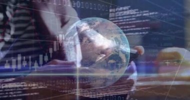 Animation of globe, binary coding and financial data processing over caucasian man using smartphone. Global business, connections, networks and data processing concept digitally generated video.