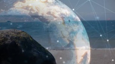 Animation of globe and connections over beach. sports, healthy, active lifestyle, connections and technology concept digitally generated video.