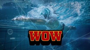 Animation of wow over swimmer and connections. video games, communication and entertainment concept digitally generated video.