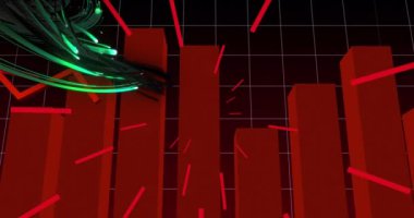Animation of wavy lights and red lines and graph on black background. Colour, shape, movement, data and technology concept digitally generated video.