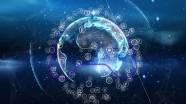 Animation of digital screen with globe, connections and game pad. Data processing, network, connections and digital interface concept digitally generated video.
