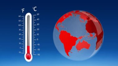 Animation of digital thermometer over globe. Global technology, computing and digital interface concept digitally generated video.
