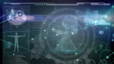 Animation of digital screen with diverse data, human skeleton, connections and red dots. Data processing, network, connections and digital interface concept digitally generated video.
