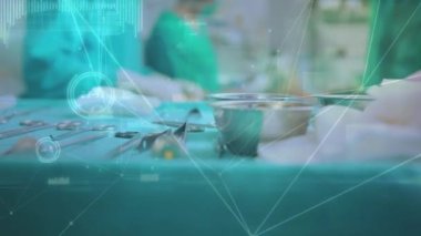 Ameliyathanedeki cerrahlar üzerinden bağlantı ağının animasyonu. Dijital olarak üretilen tıbbi ve sağlık teknolojisi kavramı.