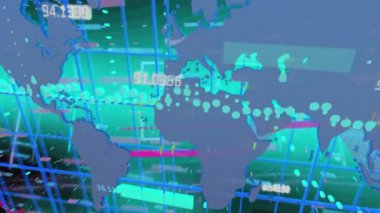 Animation of changing numbers and financial data processing over world map against grey background. Global finance and networking technology concept