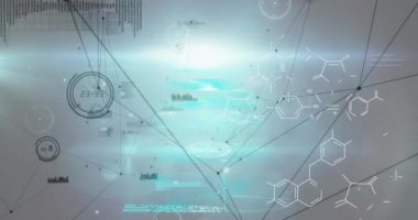 Animation of network of connections and chemical structures over screens with data processing. Medical research and science technology concept