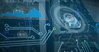 Sunucu odasında veri işleme animasyonu. Küresel bilim, bağlantılar, veri işleme ve dijital arayüz kavramı dijital olarak oluşturulmuş video.