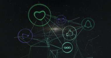 Karanlık arka planda bağlantı ağının animasyonu. Küresel bilim, bağlantılar, veri işleme ve dijital arayüz kavramı dijital olarak oluşturulmuş video.