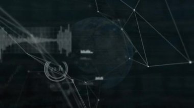 Karanlık arkaplan üzerindeki dünya ve bağlantılar ağının animasyonu. küresel bağlantılar, iş dünyası, dijital arayüz, teknoloji ve ağ konsepti dijital olarak oluşturulmuş video.