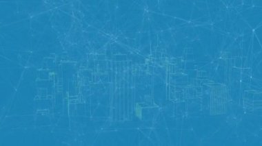 Animation of network of connections over 3d cityscape spinning on blue background. global connections and development concept digitally generated video.