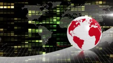 Animation of digital globe rotating over map moving in loop against abstract background. Digitally generated, multiple exposure, hologram, globalization and futuristic technology concept.