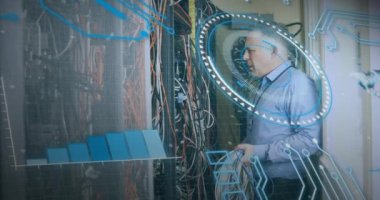 Animation of data processing over caucasian server room worker. Global science, connections, data processing and digital interface concept digitally generated video.