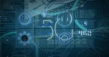 Animation of 5g text and data processing over dark background. Global connections, data processing and digital interface concept digitally generated video.