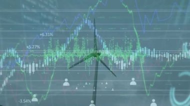 Animation of financial data processing and icons over wind turbine. Global ecology, computing and digital interface concept digitally generated video.