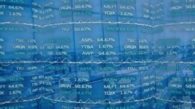 Animation of stock market over cityscape. Global technology, computing and digital interface concept digitally generated video.