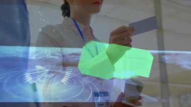 Animation of scope scanning and world map with data processing over diverse business people. Global business, computing and digital interface concept digitally generated video.