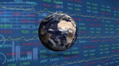 Animation of financial data processing over globe. Global data processing, business, finance and digital interface concept digitally generated video.