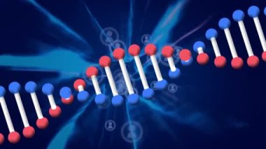 Animation of graphical dna helix rotating amidst profile icons moving over abstract background. Digitally generated, multiple exposure, genetic, medical, social media and global connection concept.