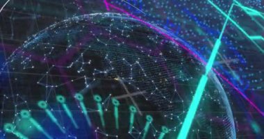 Animation of network of connections over globe. Global science, connections, data processing and digital interface concept digitally generated video.