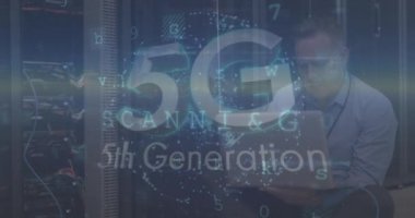 Animation of data processing over server room worker. Global internet security, data processing, connections and digital interface concept digitally generated video.