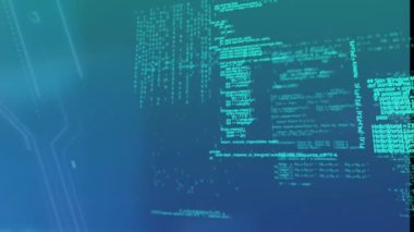 Animation of programming language with light and electronic signals moving on blue background. Hologram, digitally generated, multiple exposure, connection, coding, database and technology.