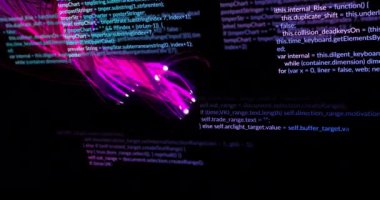 Animation of data processing over network of glowing pink fibre optic strands. Data processing, connections and digital interface concept digitally generated video.
