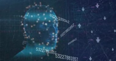 Animation of digital screen with data processing, connections and head model on navy background. Digital interface, data processing and technology concept digitally generated video.