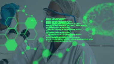 Animation of digital brain, molecules and data processing over caucasian scientist in lab. global science, computing and digital interface concept digitally generated video.