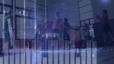 Animation of financial data processing over diverse basketball players and cityscape. global business, sport and data processing concept digitally generated video.