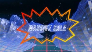 Animation of massive sale text over digital mountains. Global business and digital interface concept digitally generated video.