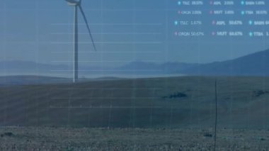 Animation of financial data processing over wind turbine. Global ecology, computing and digital interface concept digitally generated video.