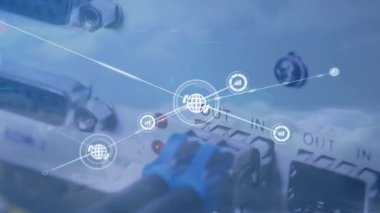 Animation of globe network icons connecting with lines against computer server. Digital composite, multiple exposure, connect the dots, telecommunication, marketing, cloud computing, social media.