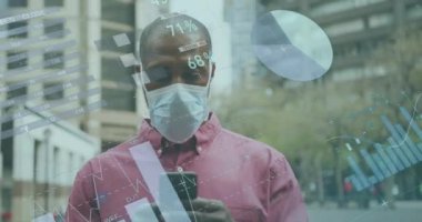 Animation of data processing over african american men wearing face mask using smartphone. Global science, connections, data processing and digital interface concept digitally generated video.